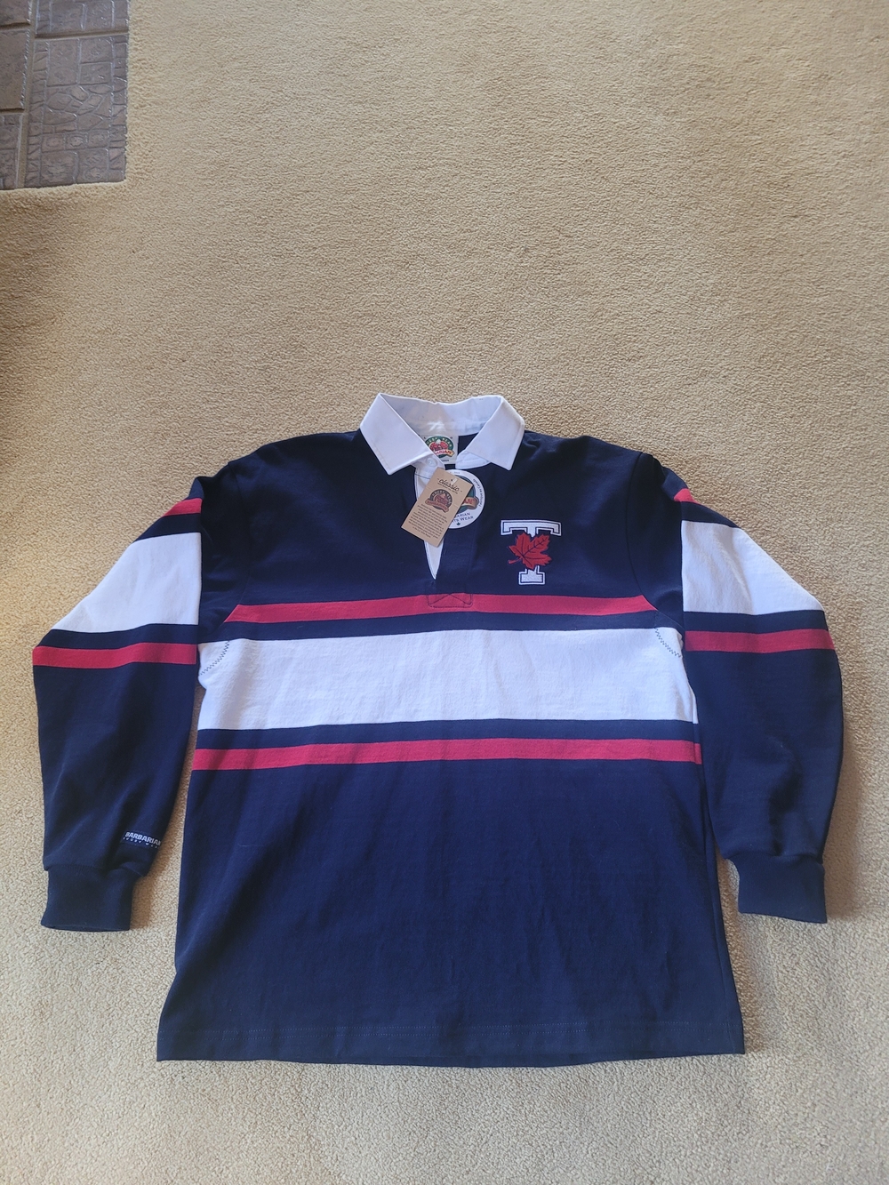 NWT Barbarian RUGBY WEAR Navy Rugby Shirt with White & Red Stripes Sz L